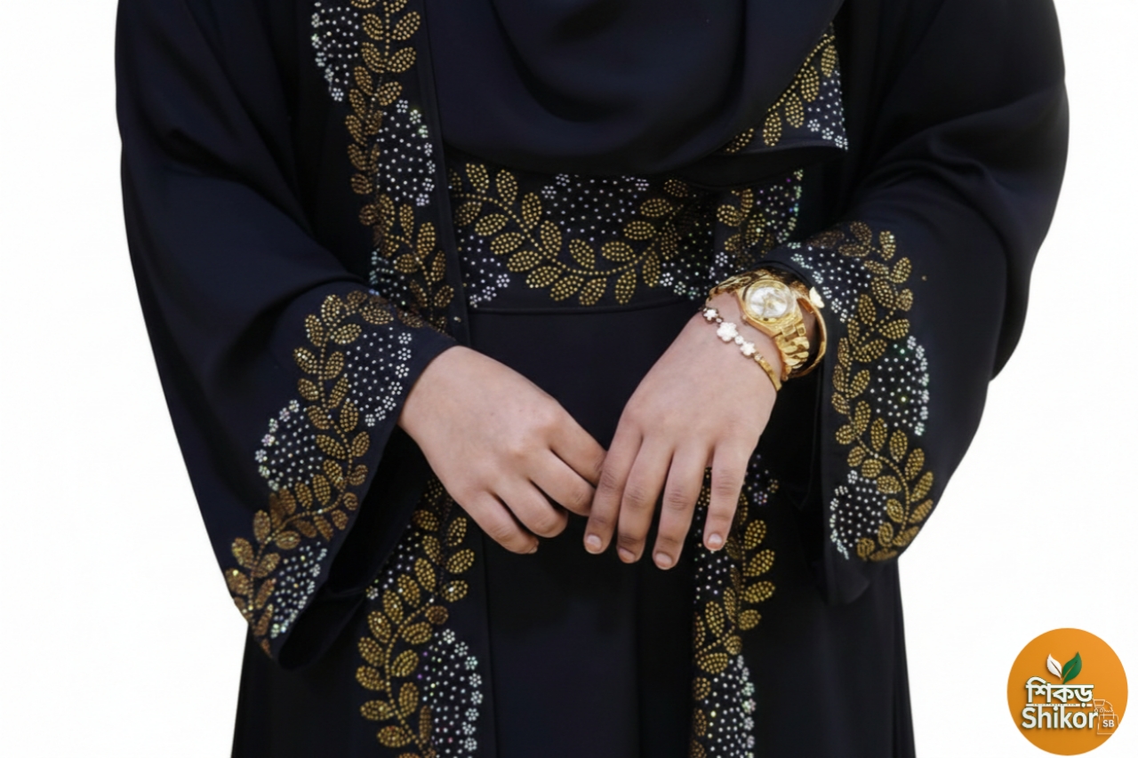 Nurjahan Abaya বোরকা / হিজাব Hijab আভিজাত্যপূর্ণ ব্ল্যাক লতা ডিজাইন এমব্রয়ডারি বোরকা - Shikorbazar - Image 5