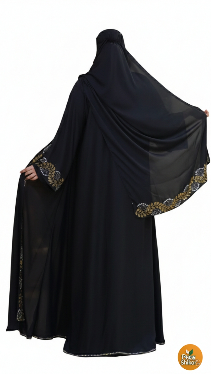 Nurjahan Abaya বোরকা / হিজাব Hijab আভিজাত্যপূর্ণ ব্ল্যাক লতা ডিজাইন এমব্রয়ডারি বোরকা - Shikorbazar - Image 4