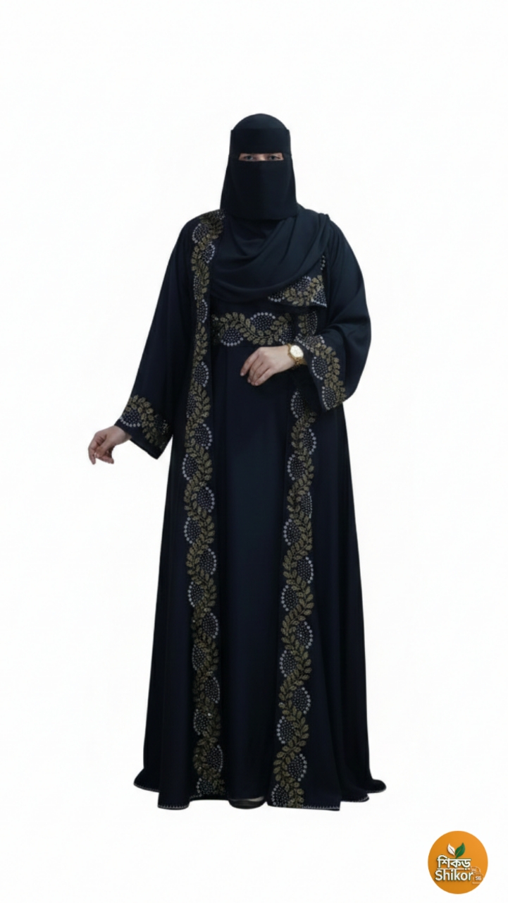 Nurjahan Abaya বোরকা / হিজাব Hijab আভিজাত্যপূর্ণ ব্ল্যাক লতা ডিজাইন এমব্রয়ডারি বোরকা - Shikorbazar - Image 3