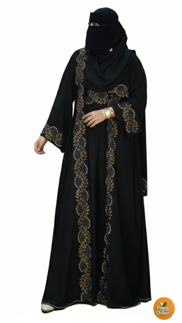 Nurjahan Abaya বোরকা / হিজাব Hijab আভিজাত্যপূর্ণ ব্ল্যাক লতা ডিজাইন এমব্রয়ডারি বোরকা - Shikorbazar